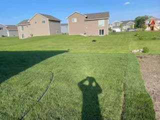 Lush green lawn in residential area with houses and clear blue sky in the background.